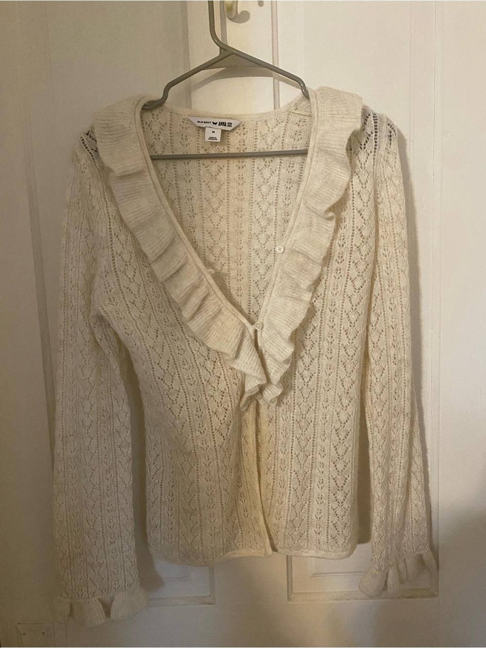 Anna Sui Old Navy Ruffled V-Neck Cardigan Sweater - Cream
